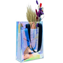 RAINFLOW Gift Bags Medium - 2 PCS Reusable Bags Goodie Bags Colorful Party Favour Bag Clear Gift Bags Iridescent Tote Bag For Shopping Valentines Bridesmaid Gifts Christmas(25x10x34cm)