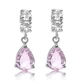 [RIZILIA TEARDROP] Dangle Pierced Earrings with Pear Cut Gemstones CZ [Pink Sapphire] in 18K White Gold Plated, Simple Modern Elegance