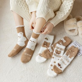 Gurajo Warm Fluffy Socks, Soft Winter Slipper Socks with Cute Bear Patterns Sleeping Plush Crew Socks Cozy Casual Socks for Women, 5 Pairs, Size 5-9
