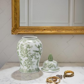 Sagebrook Home Elegant Green Chinoiserie Ceramic Ginger Jar – 14.25” Decorative Lidded Vase for Home, Office, Bedroom, or Living Room Decor – Vintage-Inspired Stoneware Accent (7.25x7.25x14.25 Inches)