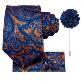 Hi-Tie Mens Tie Set Woven Silk Ties for Men Handkerchief Cufflinks Lapel Pin Set 4PC Formal Wedding Business Neckties, Blue Orange Paisley
