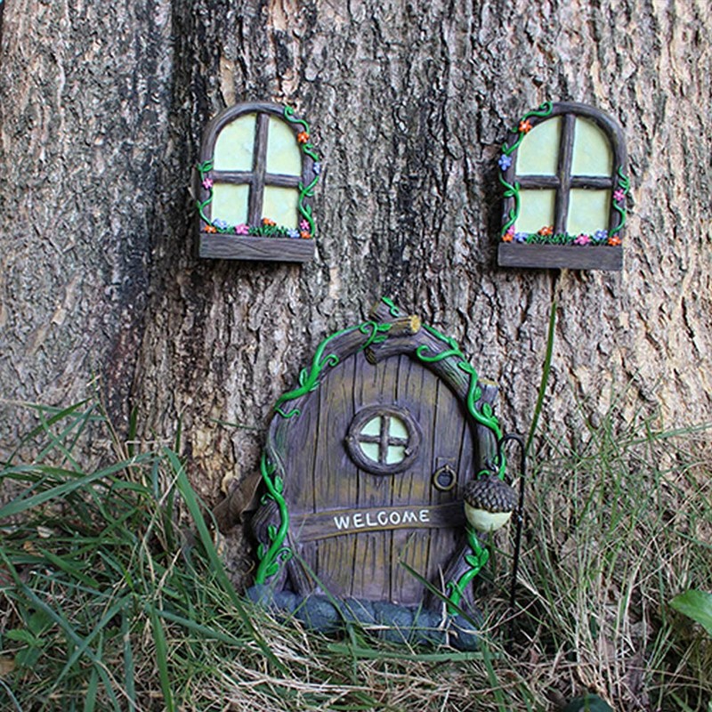 Miniature Fairy Tree Door with Two Glow Windows, Waterproof Door
