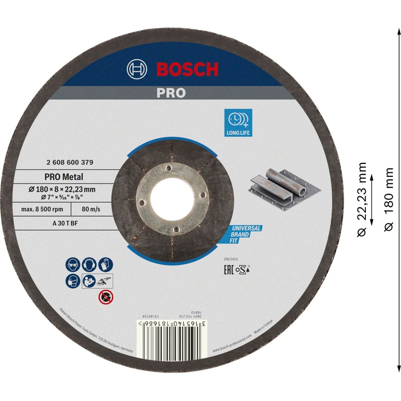 Bosch 2608600379 Grinding Disc for Steel, Black, 180 x 8