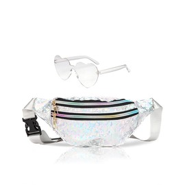 Fanny Pack Holographic with Heart Sunglasses,Waterproof Adjustable Belts Crossbody Waist Bag for Women Men Daily Wear, Bachelor Party (white)