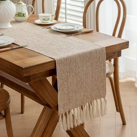 Alsoo Table Runner 72 Inches Long Rustic Table Runners with Tassels Boho Farmhouse Linen Style Table Runners for Table Decor, Holiday Party and Wedding, 13x72 Inches, Beige