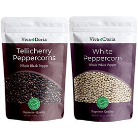 Viva Doria Tellicherry Peppercorn, (Whole Black Pepper) 12 Oz & Whole White Peppercorn (Whole White Pepper) 12 oz for Grinder Refill