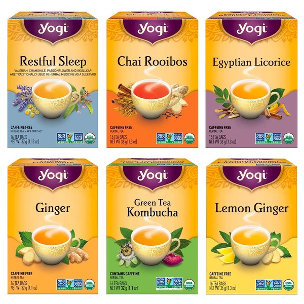 Yogi Tea - Canada Favorites Variety Pack (6 Pack) - Includes Restful Sleep, Green Tea Kombucha, Lemon Ginger, Ginger, Egyptian Licorice, and Chai Rooibos Teas - 96 Tea Bags