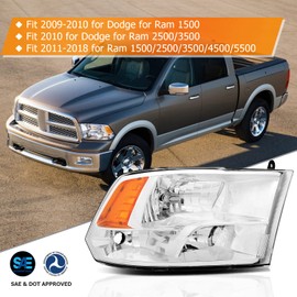 LBRST Headlight Assembly for Dodge for Ram 1500 2009-2010 for Dodge for Ram 2500 2010 for Dodge Chrome Housing Amber Reflector Clear Lens Driver and Passenger Side Headlamp