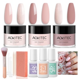 Aokitec 12 Piece Dipping Powder Nails Set Starter Kit, 3 Colours Light Nude Pink Dip Powder Nail Set with 3 Pieces Dip Liquid, Acrylic Dip Nail Set for Nail Art, DIY Nails Set
