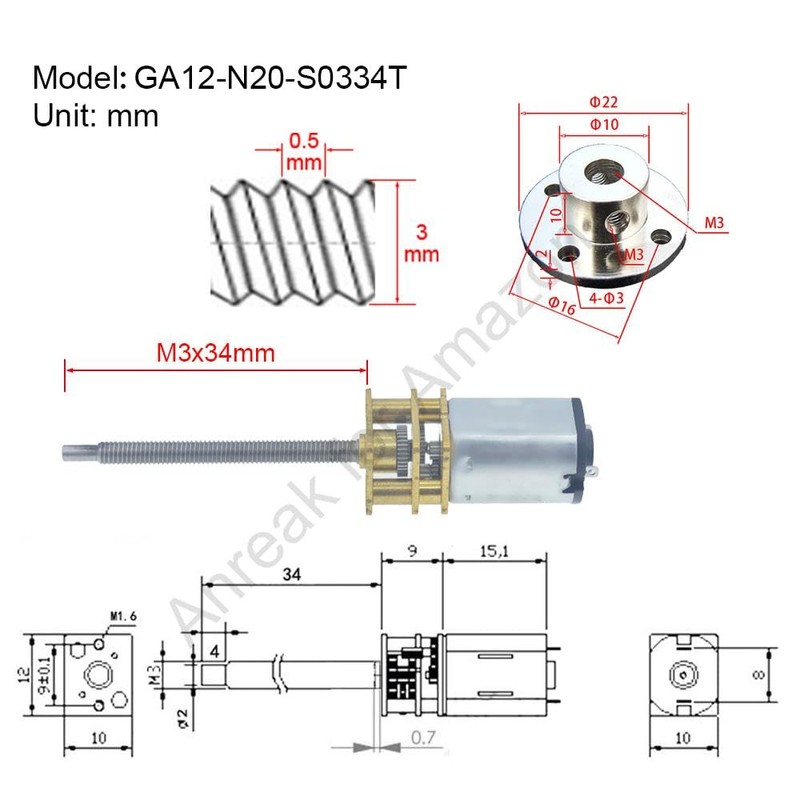 2Pcs DC 12V 120RPM M3 x 34mm 3-12V 20-3000RPM N20