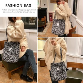 Bikasun Large Shoulder Bag Women's Cord Shoulder Bag Beach Bag Cord Bag Crossbody Bag Shopper Tote Bag Shopping Bag Handbag Shopper for Work Shopping School Leopard Grey
