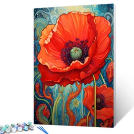 Red Poppy Paint By Bumbers for Adults Abstract Poppy DIY Paint by Numbers Acrylic Paint Canvas Graffiti Red Flowers Abstract Red Flower Scenery Painting Kits Art 16x20 Inch（without Frame）