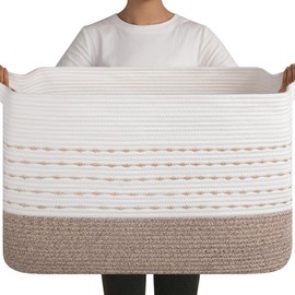 OIAHOMY 108L Extra Large Blanket Basket, 25”x16”x16” Rectangle Woven Cotton Rope Baskets for for Living Room, Toy Storage with Handle- Gradient Light Brown