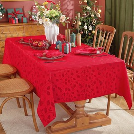 SASTYBALE Christmas Tablecloth Rectangle, Spillproof and Wrinkle Resistant Jacquard Table Cloth with Holly Leaves Patterns for Dining Room & Holiday Decoration (Red, 152 x 213 cm (6-8 Seats))