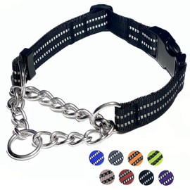 Martingale Dog Collars, Reflective Nylon Collar with Stainless Steel Chain, Adjustable Walking Training Dog Collars with Quick Release Buckle, Suitable for Small Medium Large Dogs(Black,M)