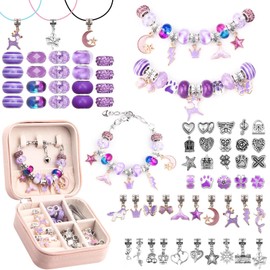 AMLEBE Kit para hacer pulseras con dijes para niñas, 66 piezas de joyería con caja de regalo y bolsa, kit de joyería de regalo para niñas adolescentes, manualidades para niñas de 8 12 años