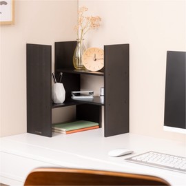 Navaris Desk Organizer Shelf Unit - Desktop Shelves for Table or Countertop - Free-Standing Adjustable Bamboo Shelving for Kitchen or Office - White