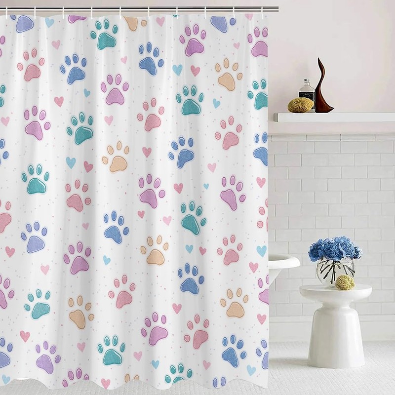 JEJOMEAG Dog Paw Shower Curtain Cute Colorful Paws Print Pet