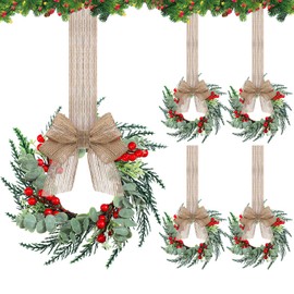 Hotop 4 Set Mini Christmas Wreaths for Cabinet Small Christmas Wreath with Burlap Ribbon for Kitchen Farmhouse Decoration Artificial Hanging Ring Garland for Front Door Porch Fence Wall Window Decor