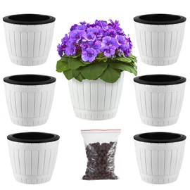 6 Pack Self Watering Pots for Indoor Plants 6.5 Inch Plastic Plant Pots African Violet Pots for Outdoor Plants Self Watering Planters White Flower Pots for Devil's Ivy, Spider Plant