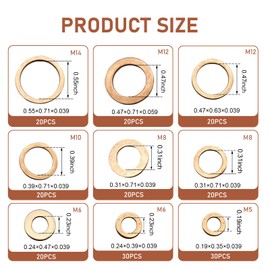 Titgoes 200 PCS Copper Crushed Washer Set, Heat-Resistant & Rustproof Premium Copper Ring Gasket, M5 M6 M8 M10 M12 M14 Metric Washers, Universal for Cars Motorcycles Trucks (Gold)