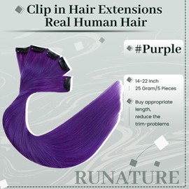 RUNATURE Clip in Hair Extensions Human Hair Dark Purple Clip in Extensions Real Human Hair Purple Clip in Hair Extensions Kids Purple Clip on Hair Extensions Straight 16 Inch 25g 5pcs