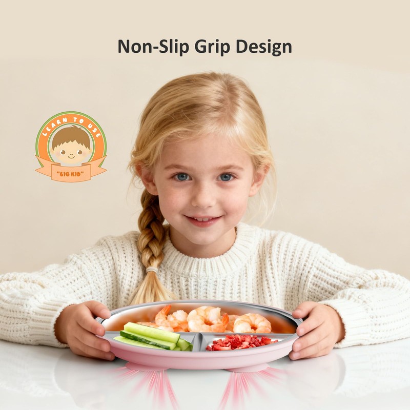 Bakpoco Stainless Steel Baby Plate with Suction, 9” Divided Toddler