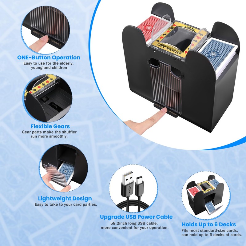 Lineba Card Shuffler for 1-6 Decks Cards, USB Power/Battery Operated