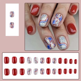 ONPRESS 24Pcs 4th of July Press on Nails Short Square Independent Day Fake Nails Silver Glitter Blue Red Star Acrylic False Nails hallow Pentagram Full Cover Glue on Nails for Women Manicure Decor