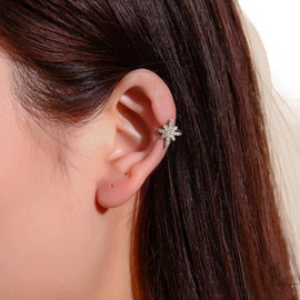 Yienate Crystal Star Ear Clips Earring Single Silver North Star Cuff Wrap Earring Statement Star Non Piercing Cartilage Clip on Earring Rhinestone Star Crawler Earrings Jewelry for Women and Girls
