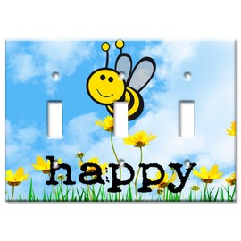 Art Plates - Triple Gang Toggle Switch Plate - Decorative Metal Wall Plate - Bee Happy - (Made in USA)