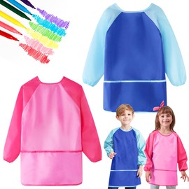 Epokus Pack of 2 Children's Painting Aprons, Waterproof Painting Coat, Apron with Sleeves, 7-12 Years, Adjustable Craft Apron for School, Art, Painting, Cooking for Boys and Girls, Pack of 2 red and