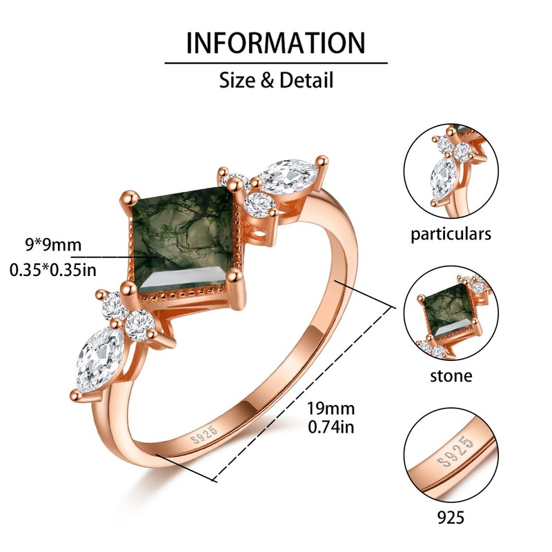 Angol Natural Moss Agate Ring 925 Sterling Silver Rose Gold