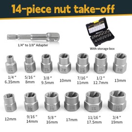 14 Pcs Bolt Extractor Set, Nut Remover Set Locking Wheel Nut Removal Tool with 1/4" to 3/8" Drive Hex Socket Adapter Stud Extractor for Removing Damaged Bolt Removal Tool