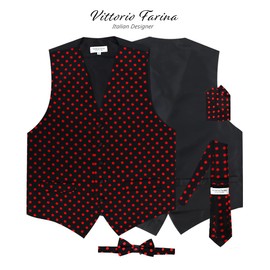 Vittorio Farina Polka Dot Suit Vest for Men Set of 4 - Vest, Necktie, Bow Tie & Pocket Square (Black & Red)