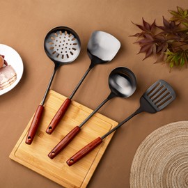 FJNATINH Wok spatula and ladle,Skimmer Ladle Tool Set, 15inches Spatula for Wok, 304 Stainless Steel Wok Spatula,Black (Black-4 Pieces Set)