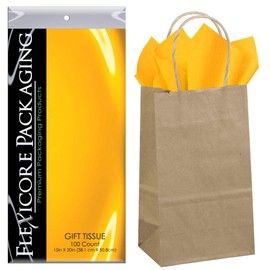 Flexicore Packaging® 50ct Natural Brown Kraft Paper Gift Bags + 100ct Gift Tissue Paper (Goldenrod Yellow)