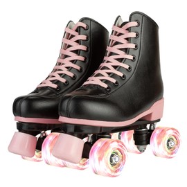XUDREZ Roller Skates for Girls and Women, Stylish Black PU Leather Roller Skates with Pink Light Up Wheels, Indoor Outdoor Roller Skates for Youth Kids Girls Ages 8-12 (33-Youth 2)
