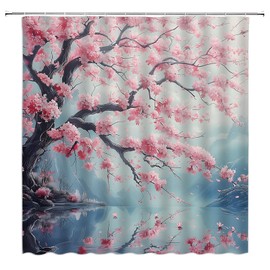YSATNSFT Cherry Blossom Shower Curtain Japanese Asian Oil Painting Abstract Art Pink Floral Spring Lakes Chinese Style Fabric Bathroom Decor Set with Hooks,(70" WX70 H)