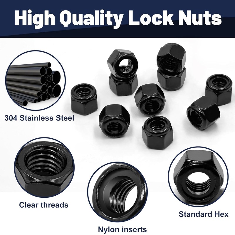 ZQZ 5/16-18 Black 304 Stainless Steel Nylon Lock Nuts, 50PCS