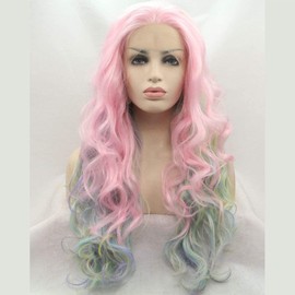 13x3" Natural Hairline 24" Long Wave Rainbow Pink Mixed Synthetic Lace Front Wig for Women Christmas Holiday Pastel Colorful Wigs Long Wavy Multi Pink Green Yellow Cosplay Wig with Net Wig Caps