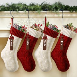 DoreenBow 4 Pack Knit Christmas Stockings 18'' Large Hanging Stockings for Fireplace White Red Xmas Tree Stockings for Family Holiday Christmas Party Decorations with 4 Tag