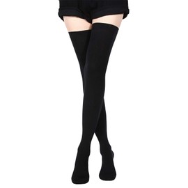 Women's Thigh High Socks, 80cm Extra Long Over Knee Cotton Leg Warmers Stocking, Anti-Slip Thick Striped Tall Long Boots Sock (Black, One Size)