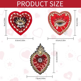 NICENEEDED Evil Eyes and Hearts Bead Patches 3 Pieces Red Sequin Applique Patch with Crystal Appliques for Sewing on DIY