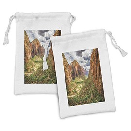 Lunarable National Parks Fabric Pouch Set of 2, Utah Plateau Mojave Desert Southwest Erosion Native Aztec Print, Small Drawstring Bag for Toiletries Masks and Favors, 9" x 6", Brown Green