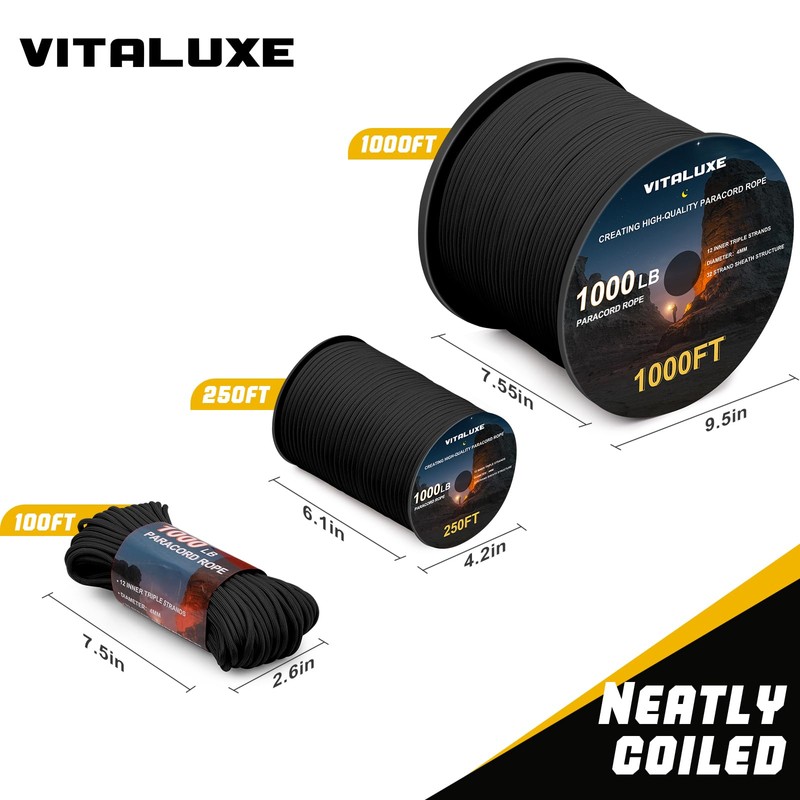 VITALUXE 1000lb Paracord Rope, 4mm 12 Triple Strands Paracord, Heavy