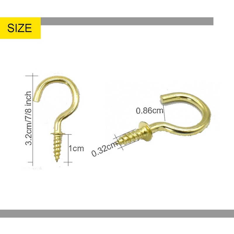 50Pcs Brass Plated Ceiling Hooks 7/8 InchesCups Screw Hooks by
