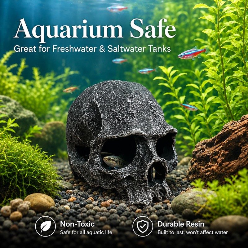 Fokauiwo Skull Terrarium Decor Reptile Hideout for Tank (Black)