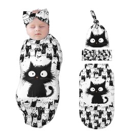 Figtihw Cat Swaddle Blankets Newborn Receiving Blanket Baby Swaddle Wrap with Headband Hat Set for Baby Girls Boys
