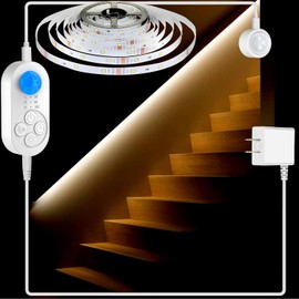 Tira de luz de escalera de doble sensor, doble movimiento activado, tira de luz LED para escalera (adaptador de corriente (cable de 3.28 pies), blanco cálido 3000 K (tira de luz blanca de 16.4